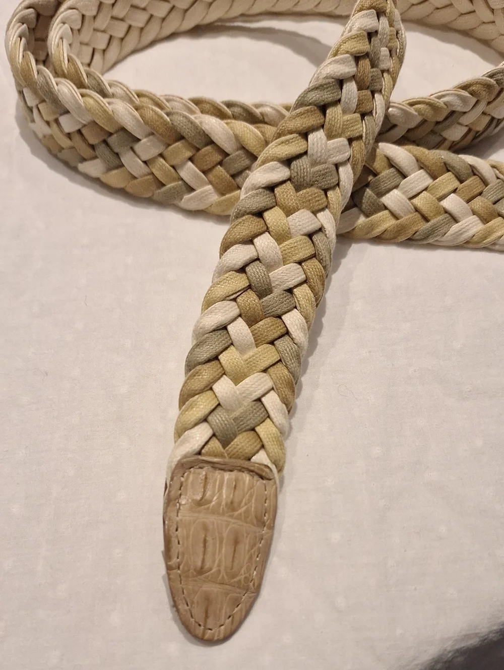 Braided Leather Weave With Solid Brass Buckle Belt - Beige White